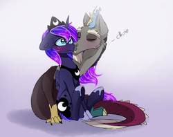 Size: 1600x1269 | Tagged: safe, artist:elementalokami, discord, princess luna, g4, blushing, kissing, male, ship:lunacord, shipping, straight