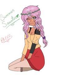 Size: 768x1024 | Tagged: safe, artist:brickercupmasterx3, oc, oc only, oc:summer saunter, my little pony equestria girls: legend of everfree, dark skin, flower, flower in hair, human coloration, lidded eyes, offspring, one eye closed, parent:fluttershy, parent:timber spruce, parents:timbershy, simple background, solo, white background, wink