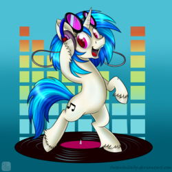 Size: 800x800 | Tagged: safe, artist:swanlullaby, dj pon-3, vinyl scratch, pony, unicorn, g4, abstract background, bipedal, colored hooves, cutie mark, female, headphones, hooves, horn, looking at you, magenta eyes, mare, open mouth, record, solo, spinning, sunglasses, teeth, unshorn fetlocks