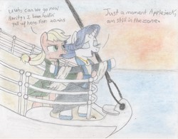 Size: 1089x850 | Tagged: safe, artist:brogararts, applejack, rarity, g4, ppov, clothes, dialogue, female, lesbian, ship:rarijack, shipping, titanic, traditional art