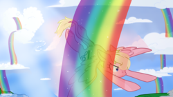 Size: 3840x2160 | Tagged: safe, artist:cloureed, oc, oc only, oc:roseburn, pegasus, pony, cloud art, flying, high res, long tail, rainbows, solo, special talent