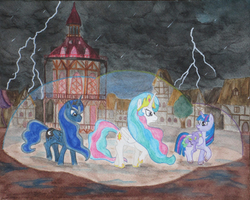 Size: 3344x2680 | Tagged: safe, artist:malte279, princess celestia, princess luna, spike, twilight sparkle, alicorn, pony, lessons in quirks, g4, aquarelle, fanfic, fanfic art, high res, lightning, night, ponyville, rain, thunderstorm, twilight sparkle (alicorn)