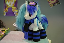 Size: 2560x1708 | Tagged: artist needed, safe, dj pon-3, vinyl scratch, g4, 2016, clothes, cute, fluffy, irl, photo, plushie, rubronycon, scarf, socks, solo, striped scarf, striped socks, vinylbetes