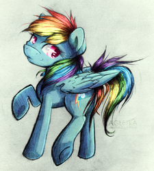 Size: 1024x1140 | Tagged: safe, artist:agletka, rainbow dash, pony, g4, female, raised hoof, simple background, solo, traditional art, white background