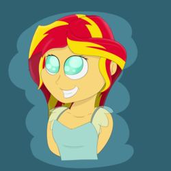 Size: 1500x1500 | Tagged: safe, artist:vengefulstrudel, sunset shimmer, equestria girls, g4, arm behind back, blue background, bust, female, no pupils, simple background, smiling, solo