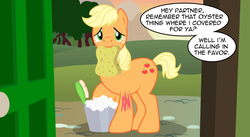 Size: 4600x2529 | Tagged: safe, artist:badumsquish, derpibooru exclusive, applejack, big macintosh, earth pony, pony, g4, magic duel, big jackintosh, bodypaint, brush, bubble, bucket, dialogue, disguise, door, looking at you, male, mouth hold, smiling, soap, solo, sponge, stallion, story included, talking to viewer, this will end in bath time