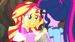 Size: 640x360 | Tagged: safe, screencap, sci-twi, sunset shimmer, twilight sparkle, equestria girls, g4, my little pony equestria girls: legend of everfree, animated, gif, ponied up, transformation