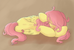 Size: 1024x701 | Tagged: safe, artist:k0lkolk0l, fluttershy, pegasus, pony, g4, covering, covering face, female, folded wings, gradient background, lying down, mare, messy mane, prone, sad, solo