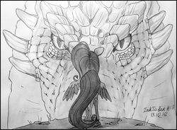 Size: 1085x798 | Tagged: safe, artist:natanatfan, fluttershy, dragon, pegasus, pony, g4, duo, eye contact, face to face, female, grayscale, ink, inktober, inktober 2016, looking at each other, mare, monochrome, perspective, rear view, spread wings, traditional art, wings, wings down