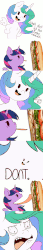Size: 900x5180 | Tagged: safe, artist:evehly, princess celestia, twilight sparkle, alicorn, pony, g4, animated, censored, comic, context is for the weak, dialogue, disgusted, duo, female, food, gif, licking, not porn, random, sandwich, sandwich censorship, shrunken face, simple background, suggestive eating, tongue out, twilight sparkle (alicorn), wat, white background