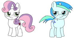 Size: 1092x574 | Tagged: safe, artist:toyminator900, sweetie belle, oc, oc:cyan lightning, unicorn, g4, colt, cutie mark, duo, duo male and female, female, filly, foal, horn, lidded eyes, looking at each other, male, simple background, smirk, smug, the cmc's cutie marks, transparent background