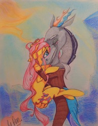 Size: 2854x3653 | Tagged: safe, artist:byannss, discord, fluttershy, g4, to where and back again, cute, daaaaaaaaaaaw, high res, hug, male, ship:discoshy, shipping, straight, traditional art