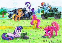 Size: 3921x2727 | Tagged: safe, artist:olgfox, applejack, fluttershy, pinkie pie, rainbow dash, rarity, twilight sparkle, pony, g4, butt, high res, mane six, plot, russian, tank (vehicle)