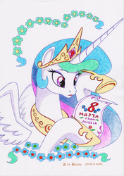 Size: 722x1024 | Tagged: safe, artist:olgfox, princess celestia, pony, g4, 8th march, female, holding, international women's day, open mouth, paper, russia, russian, simple background, solo, spread wings, white background