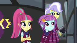 Size: 1280x720 | Tagged: safe, screencap, sour sweet, sunny flare, upper crust, equestria girls, g4, my little pony equestria girls: friendship games, bus, crossed arms, skunk stripe