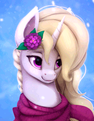 Size: 410x527 | Tagged: safe, artist:rodrigues404, oc, oc only, pony, unicorn, abstract background, animated, flower, flower in hair, gif, snow, snowfall, solo