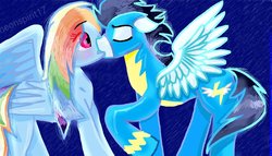 Size: 1024x587 | Tagged: safe, artist:neonspirit17, rainbow dash, soarin', pony, g4, duo, kissing, male, ship:soarindash, shipping, straight