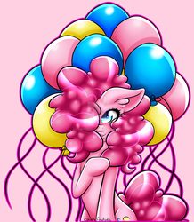 Size: 1600x1835 | Tagged: safe, artist:duskydusk, pinkie pie, pony, g4, balloon, ear fluff, female, floppy ears, gradient background, hair over one eye, iridescence, mascara, pink background, raised hoof, signature, simple background, smiling, solo