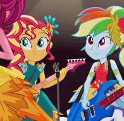 Size: 409x398 | Tagged: safe, screencap, gloriosa daisy, rainbow dash, sunset shimmer, equestria girls, g4, my little pony equestria girls: legend of everfree, animated, clothes, cropped, cute, dress, female, gif, high five