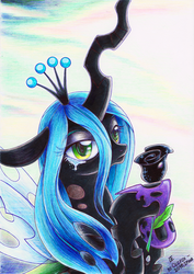Size: 724x1024 | Tagged: safe, artist:olgfox, queen chrysalis, changeling, changeling queen, g4, black rose, bust, crown, crying, female, flower, holding, jewelry, lidded eyes, looking at you, regalia, rose, solo, traditional art