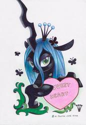 Size: 2689x3921 | Tagged: safe, artist:olgfox, queen chrysalis, butterfly, changeling, changeling queen, g4, crown, female, heart, high res, jewelry, regalia, simple background, solo, traditional art, valentine, valentine's day, white background