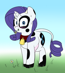 Size: 1451x1626 | Tagged: safe, artist:victoreach, rarity, cow, g4, bell, blushing, caught, collar, cowbell, cowified, eating, female, flower, raricow, solo, species swap, udder