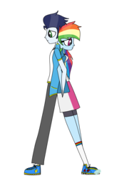 Size: 1200x1600 | Tagged: safe, artist:rai2n, rainbow dash, soarin', equestria girls, g4, back to back, duo, female, male, ship:soarindash, shipping, simple background, straight, transparent background