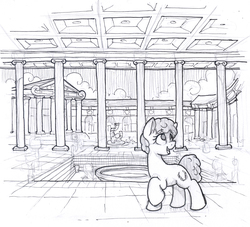 Size: 2926x2657 | Tagged: safe, artist:selenophile, oc, oc only, earth pony, pony, architecture, bath, bathhouse, fountain, greek, high res, laurel wreath, roman, sketch, traditional art