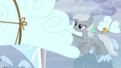 Size: 1920x1090 | Tagged: safe, screencap, silverspeed, sky sweeper, wintermint, pegasus, pony, g4, tanks for the memories, background pony, cloud, cloud moving, female, flying, lidded eyes, mare, overcast, snow, snowfall, solo focus