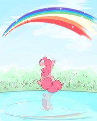 Size: 1646x2057 | Tagged: safe, artist:akainu_pony, pinkie pie, earth pony, pony, g4, female, pinkamena diane pie, rainbow, reflection, scenery, solo