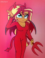 Size: 1450x1891 | Tagged: safe, artist:cbear624, sunset shimmer, equestria girls, g4, breasts, busty sunset shimmer, cleavage, clothes, costume, devil horns, female, halloween, pitchfork, solo