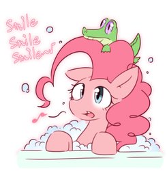 Size: 2019x2057 | Tagged: safe, artist:akainu_pony, gummy, pinkie pie, alligator, earth pony, pony, g4, bath, bubble, bubble bath, cute, diapinkes, duo, featured image, female, floppy ears, high res, male, mare, music notes, open mouth, ponk, singing, smile smile smile, smiling