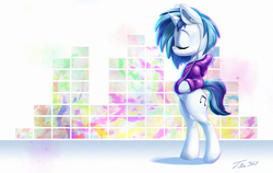Size: 1024x649 | Tagged: safe, artist:tsitra360, dj pon-3, vinyl scratch, pony, g4, background pony, bipedal, chromatic aberration, clothes, earbuds, eyes closed, female, listening, music, signature, solo, sweater, visualizer