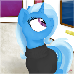 Size: 1800x1800 | Tagged: safe, artist:lemanda, trixie, pony, unicorn, g4, art gallery, clothes, female, mare, smiling, solo, sweater