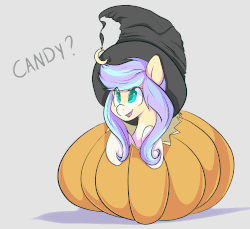 Size: 1500x1374 | Tagged: safe, artist:shyamette, oc, oc only, pony, animated, blinking, colored pupils, cute, dialogue, eye clipping through hair, female, food, gif, gray background, halloween, hat, mare, open mouth, pumpkin, shadow, simple background, smiling, solo, witch hat