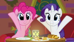 Size: 1280x720 | Tagged: safe, screencap, pinkie pie, rarity, earth pony, pony, unicorn, g4, spice up your life, cute, diapinkes, duo, female, food, hooves up, looking at you, mare, raribetes, smiling, the tasty treat