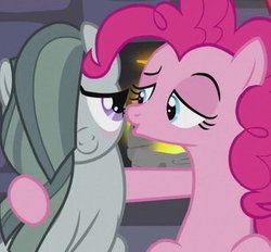 Size: 345x320 | Tagged: safe, screencap, marble pie, pinkie pie, earth pony, pony, g4, hearthbreakers, blushing, female, hug, lidded eyes, mare, out of context, sisters