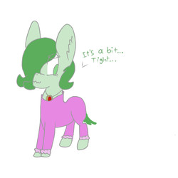 Size: 500x500 | Tagged: safe, artist:axisthechangeling, oc, oc only, oc:emerald jewel, earth pony, pony, colt quest, amulet, clothes, color, colt, crossdressing, dress, femboy, hair over one eye, male, older, simple background, solo, tight clothing, trap, wavy mouth, white background
