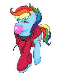 Size: 800x973 | Tagged: safe, artist:rsphoenix, rainbow dash, g4, blowing bubbles, bubblegum, clothes, ear piercing, female, food, gum, hoodie, looking at you, piercing, simple background, solo, squint, white background