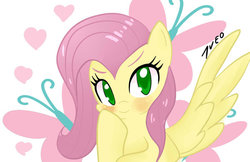 Size: 600x388 | Tagged: safe, artist:7v30, fluttershy, g4, blushing, bust, colored pupils, cute, cutie mark background, female, looking at you, shyabetes, solo, spread wings