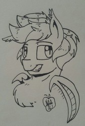 Size: 867x1280 | Tagged: safe, artist:notenoughapples, oc, oc only, oc:apples, bat pony, pony, bust, grin, inktober, monochrome, race swap, smiling, solo, traditional art