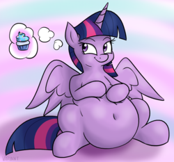 Size: 1263x1177 | Tagged: safe, artist:variant, twilight sparkle, alicorn, pony, g4, belly, belly button, chubby, cupcake, fat, female, food, solo, thought bubble, twilard sparkle, twilight sparkle (alicorn)