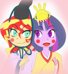 Size: 831x899 | Tagged: safe, artist:nipa, sunset shimmer, twilight sparkle, equestria girls, g4, :d, alternate clothes, alternate hairstyle, blush sticker, blushing, clothes, crossdressing, emperor, empress, female, heian period, hinamatsuri, humanized, japanese doll festival, junihitoe, kimono (clothing), lesbian, looking at each other, ship:sunsetsparkle, shipping