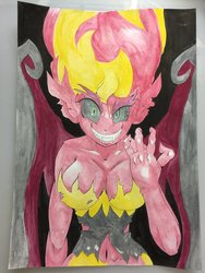 Size: 900x1200 | Tagged: safe, artist:nipa, sunset shimmer, demon, equestria girls, g4, belly button, breasts, busty sunset shimmer, female, slasher smile, solo, sunset satan, traditional art, transformation