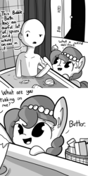 Size: 1440x2880 | Tagged: safe, artist:tjpones, oc, oc only, oc:brownie bun, oc:gobbles, oc:richard, earth pony, human, pony, turkey, horse wife, bath, bathroom, bathtub, butter, comic, cooking, cute, ear fluff, exotic butters, female, food, grayscale, grimderp, hidden, hubbo, human male, it's a trap, male, mare, monochrome, monster, onion, open mouth, raised eyebrow, scary, simple background, smiling, soup, when you see it, white background