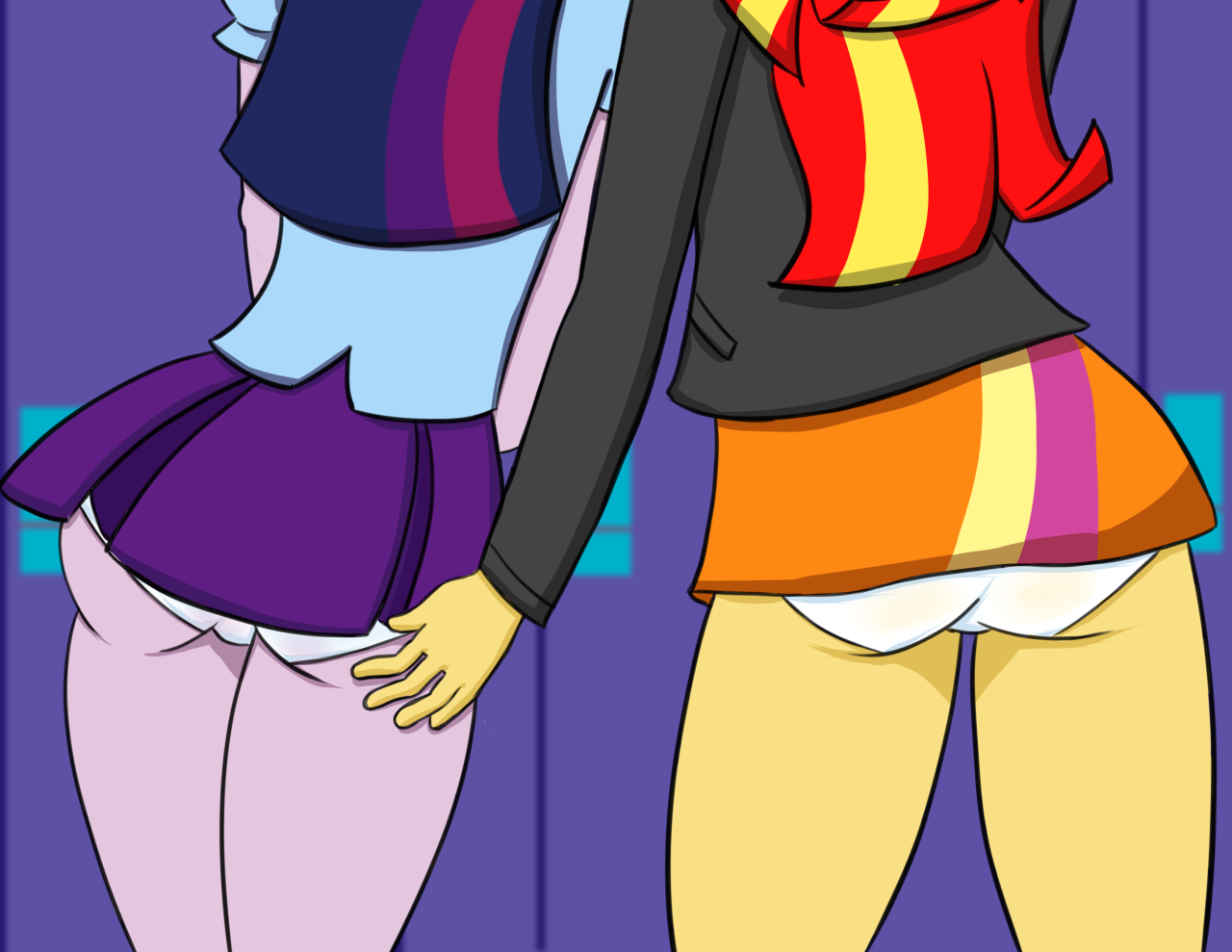 1272291 - questionable, artist:anonponymk7, sunset shimmer, twilight  sparkle, equestria girls, g4, behind, butt touch, clothes, female, lesbian,  lockers, panties, panty shot, ship:sunsetsparkle, shipping, skirt, twilight  sparkle (alicorn), underwear ...