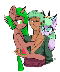 Size: 1200x1444 | Tagged: safe, artist:oreomonsterr, oc, oc:melon pop, oc:pastel flower, crossover, one piece, roronoa zoro, simple background, transparent background