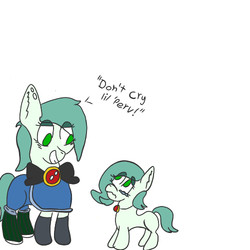 Size: 500x500 | Tagged: safe, artist:axisthechangeling, oc, oc only, oc:emerald jewel, colt quest, adult, amulet, bowtie, child, clothes, crying, ear piercing, eyeshadow, foal, future, gloves, grin, hair over one eye, leggings, makeup, mantle, piercing, sad, self ponidox, smiling, wavy mouth