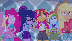 Size: 640x360 | Tagged: safe, screencap, applejack, fluttershy, pinkie pie, rainbow dash, sci-twi, sunset shimmer, twilight sparkle, equestria girls, g4, my little pony equestria girls: legend of everfree, animated, camp fashion show outfit, female, force field, gif, ponied up