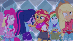 Size: 640x360 | Tagged: safe, screencap, applejack, fluttershy, pinkie pie, rainbow dash, sci-twi, sunset shimmer, twilight sparkle, equestria girls, g4, my little pony equestria girls: legend of everfree, animated, camp fashion show outfit, female, gif, ponied up